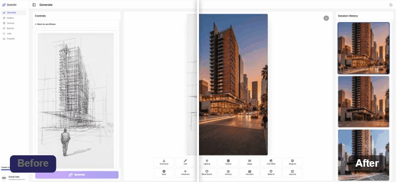Style2AI turning an architectural sketch into a photorealistic tower render