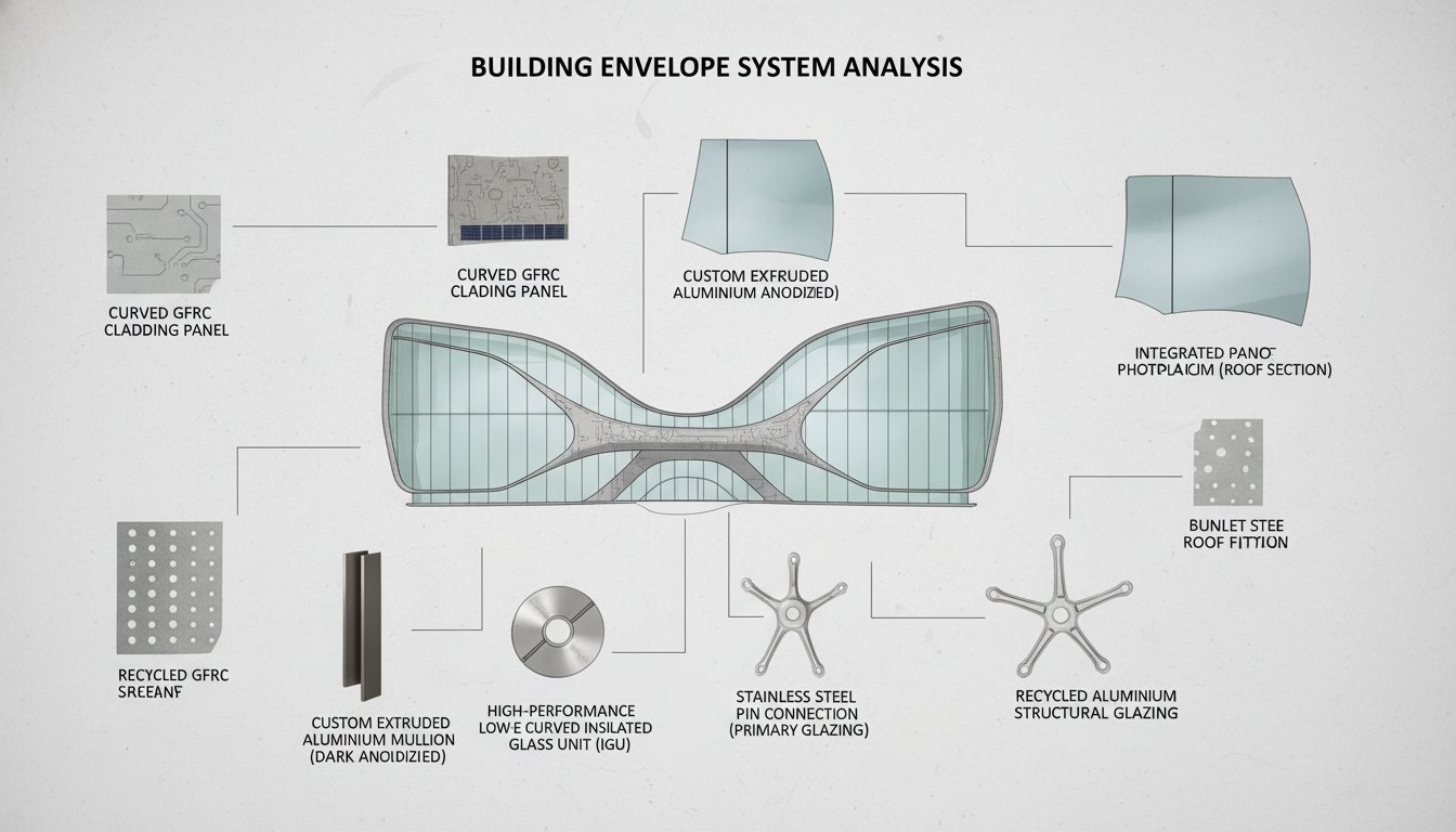 Building envelope system analysis diagram with labelled cladding and glazing components