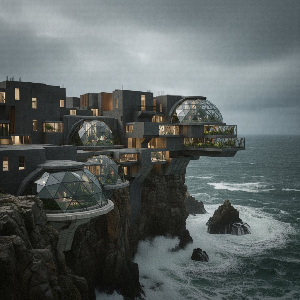 Moody render of dome-roofed dwellings on a sea cliff