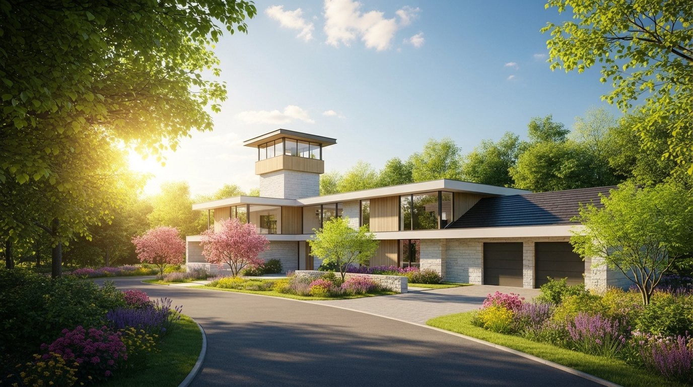 Sunlit render of a modern clubhouse with a lookout tower and landscaped drive