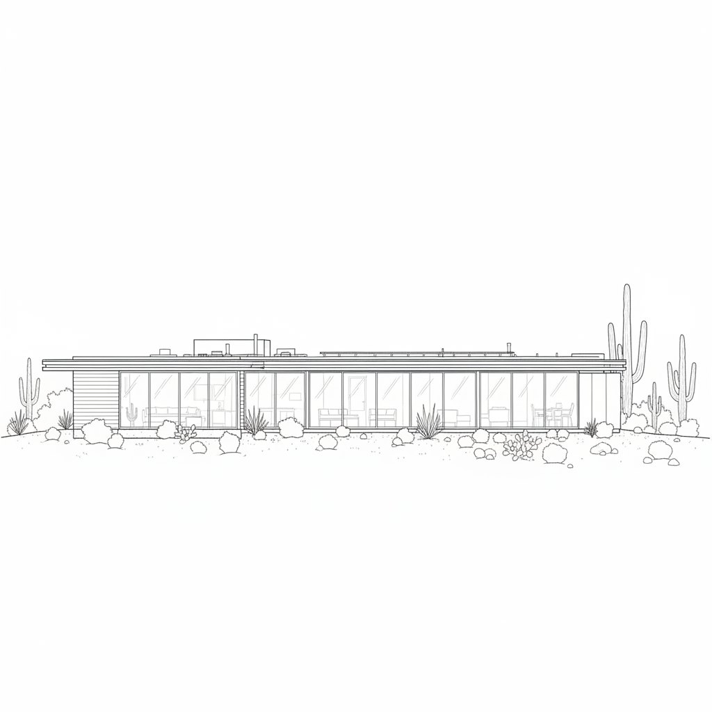 Fine line elevation drawing of a long low desert building