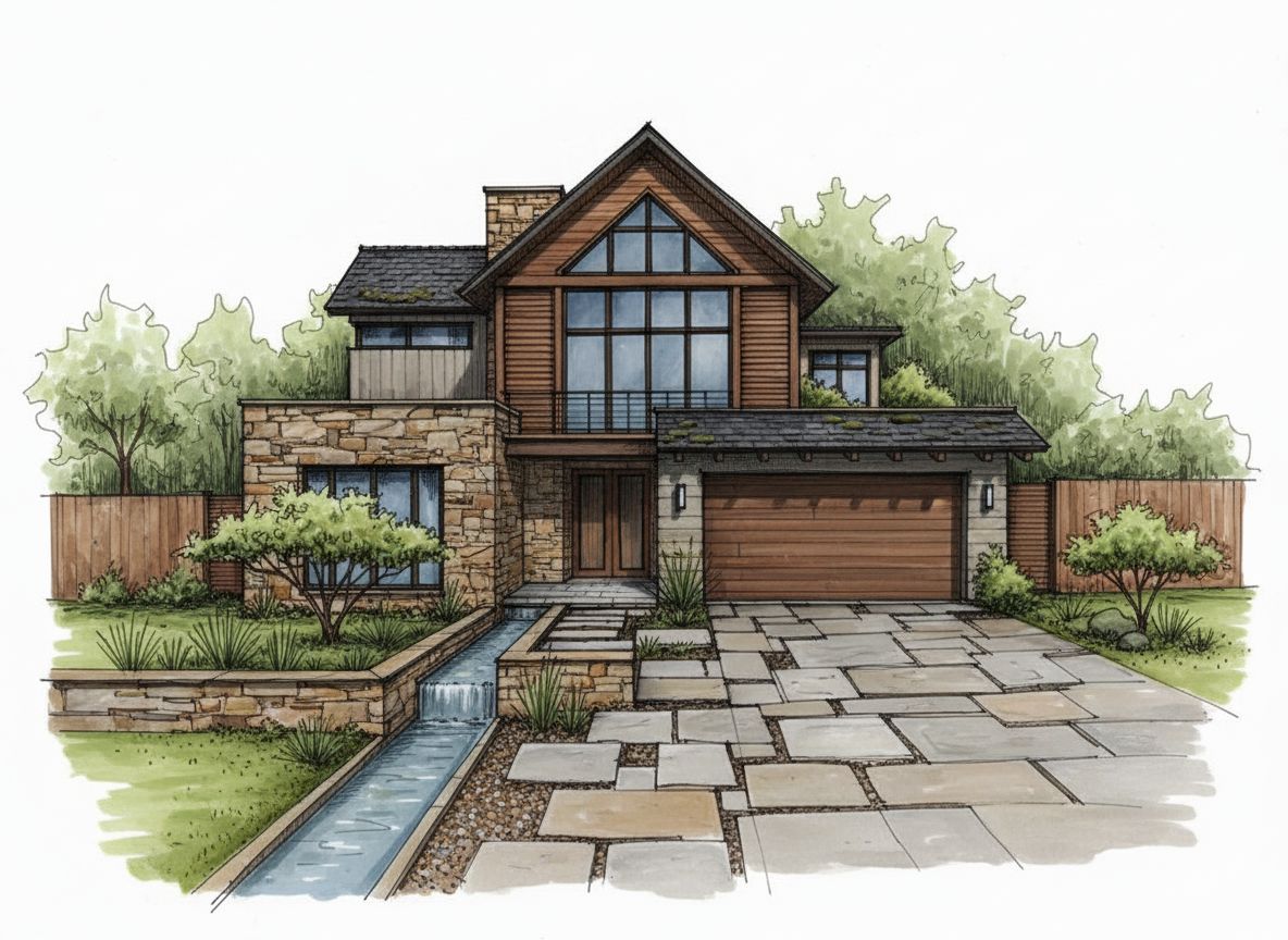 Watercolor-style sketch render of a timber and stone house