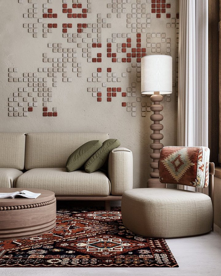 Interior render of a warm living room with a sculptural wall and floor lamp